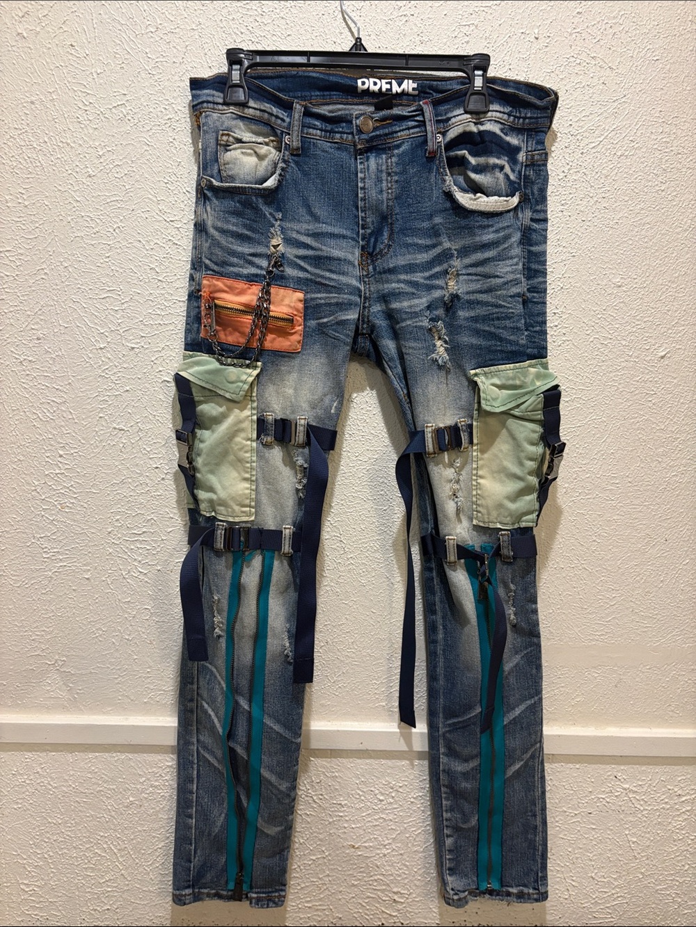 PREME Blue Distressed Cargo Jeans with Green Pockets & Orange Zip Pocket